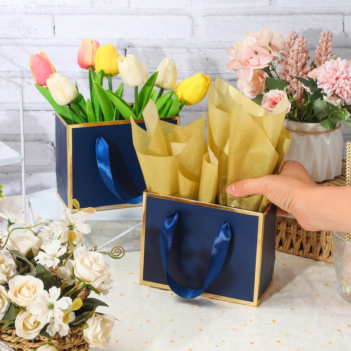 50 Pcs Metallic Paper Small Gift Bags with Handles & Tissue Paper