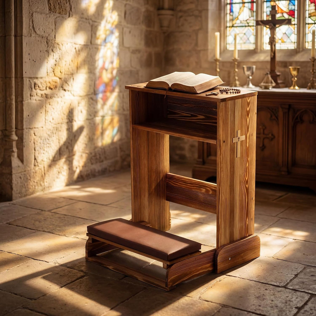 Solid Wood Prayer Bench Stool with Shelf and Cushion Church Prayer Bench Table Chair Padded Kneeler for Kneeling at