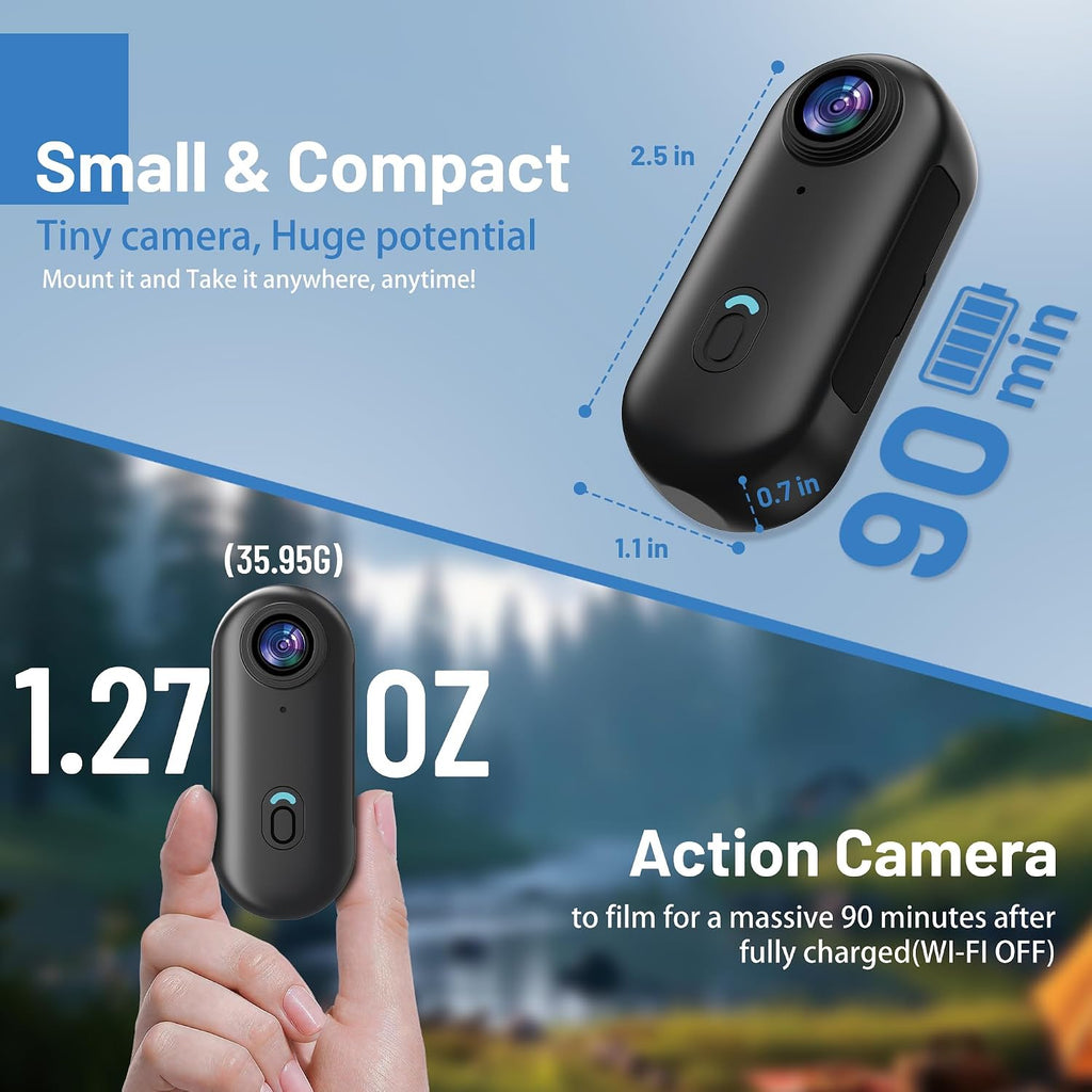 4K Mini WiFi Action Camera 32GB Thumb POV Portable Body Cam Wearable Video Recorder with IPX7 Waterproof Underwater