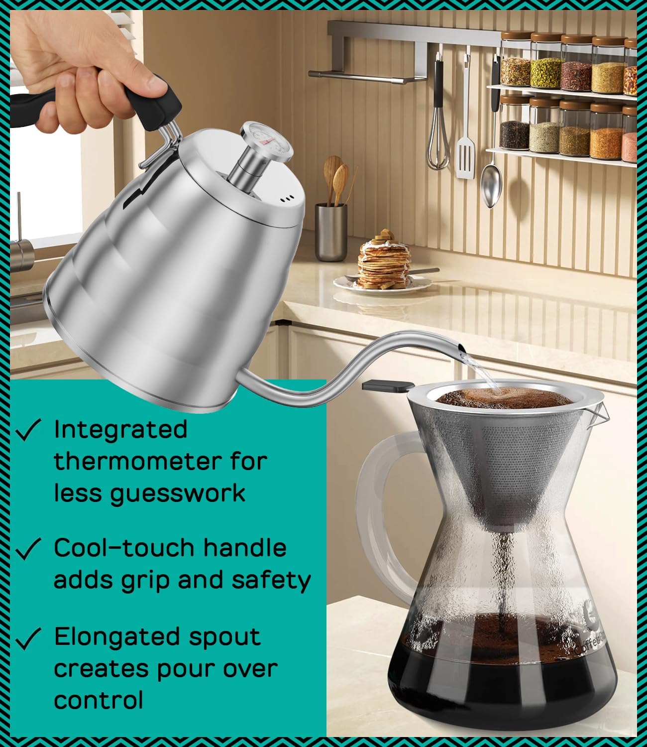 Gooseneck Kettle with Thermometer - 40oz Premium Stainless Steel Pour Over Coffee Maker Kettles, Stove Top