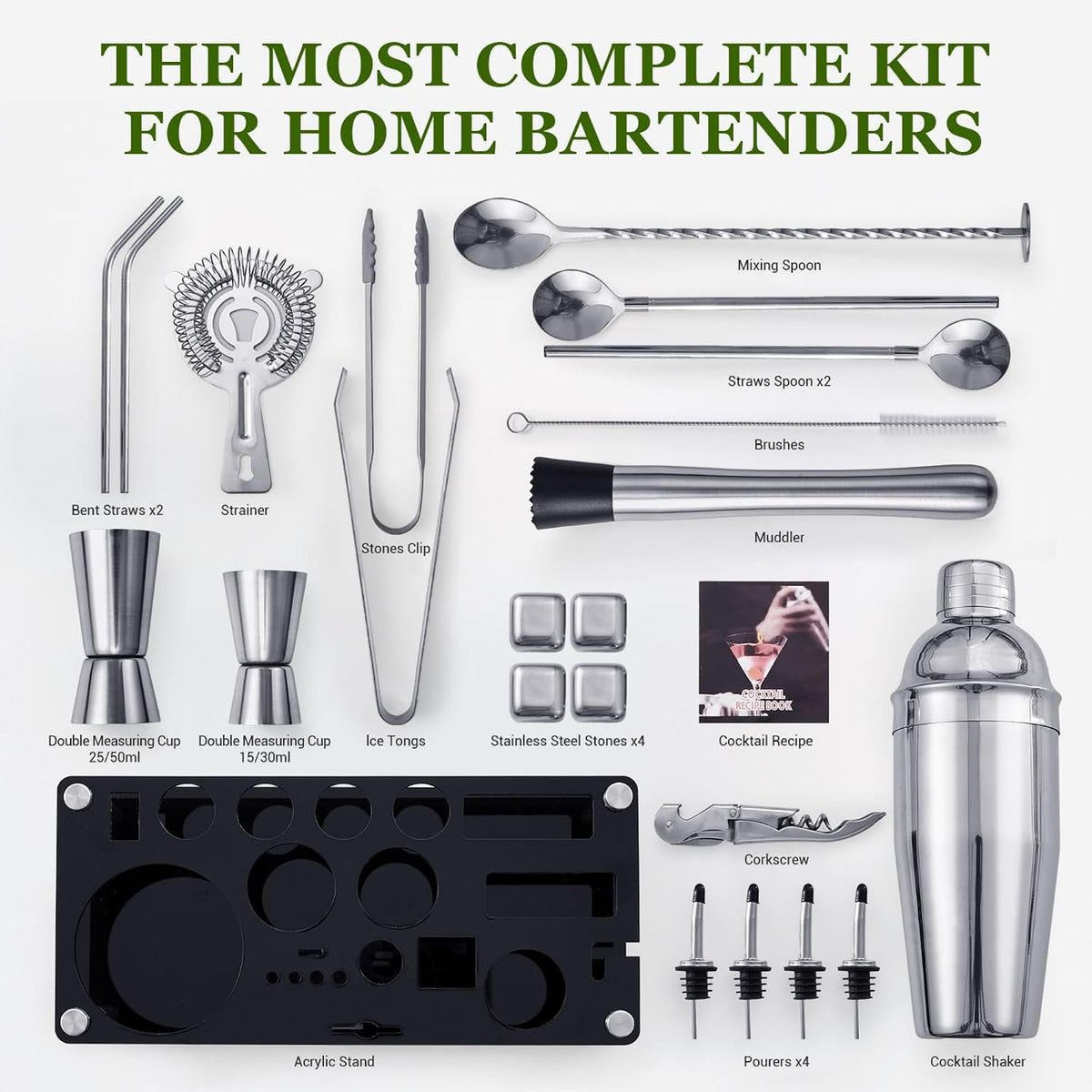 Cocktail Shaker Set, 23 Piece Bartender Kit with Stand 25oz Sliver