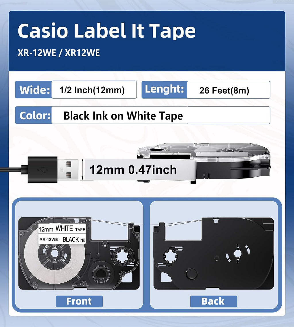 Replacement for Casio XR-12WE 12mm (1/2") Black on White Label Maker Tape | Compatible with Casio EZ Label Printers