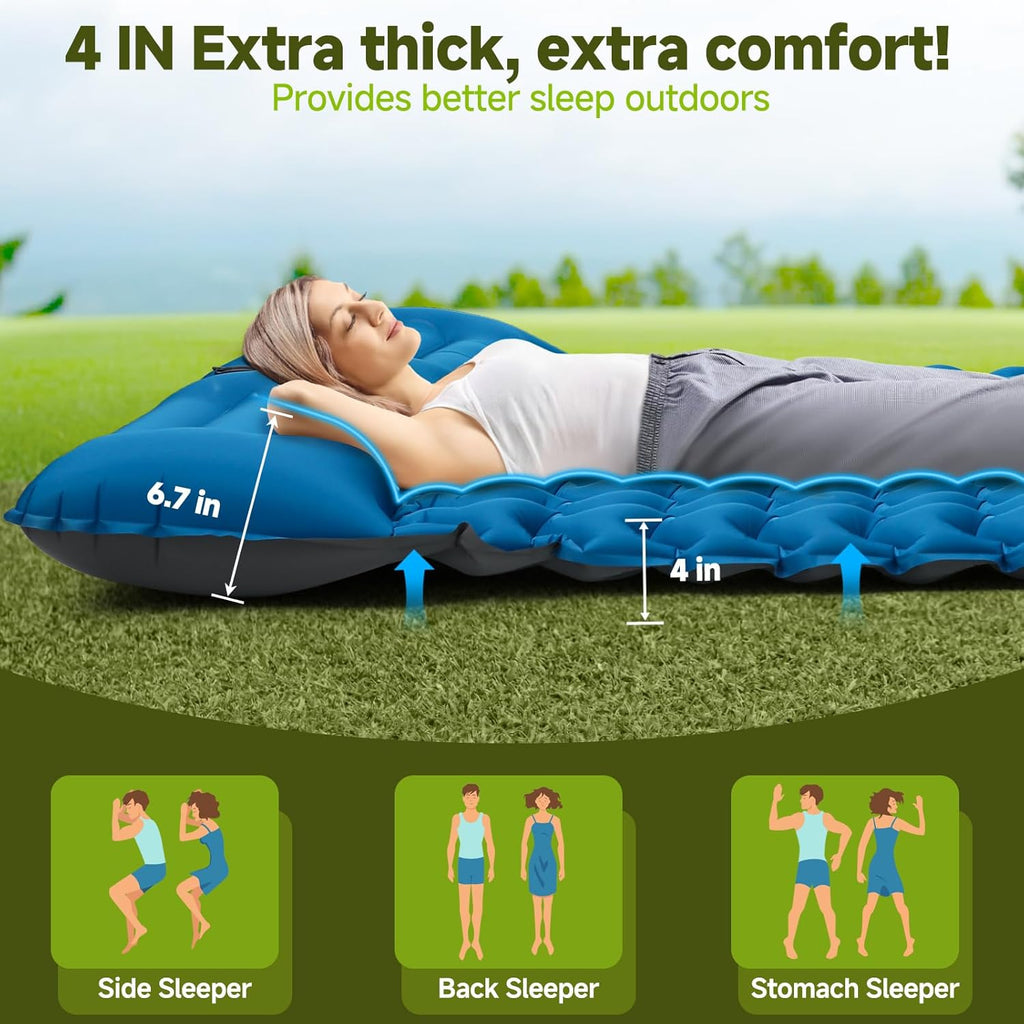 Double Camping Sleeping Pad, 4"" Extra Thick 2 Person Inflatable Sleeping Pad with Built-in Foot Pump & Pillow
