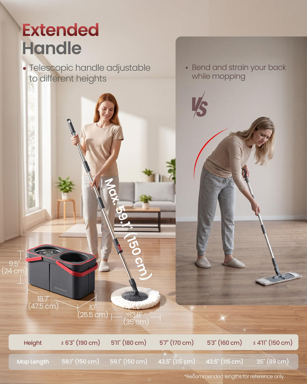 Spin Mop and Bucket Set, 6 Washable Microfiber Mop Heads, Wheels