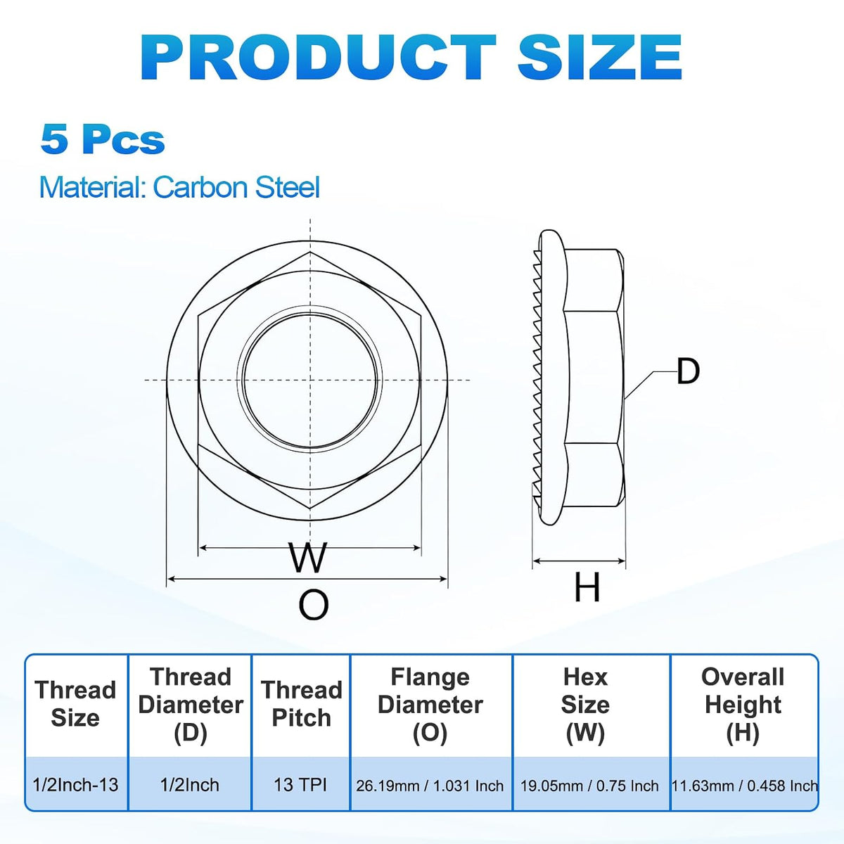 5Pcs Serrated Flange Hex Nuts 1/2"-13 UNC Carbon Steel
