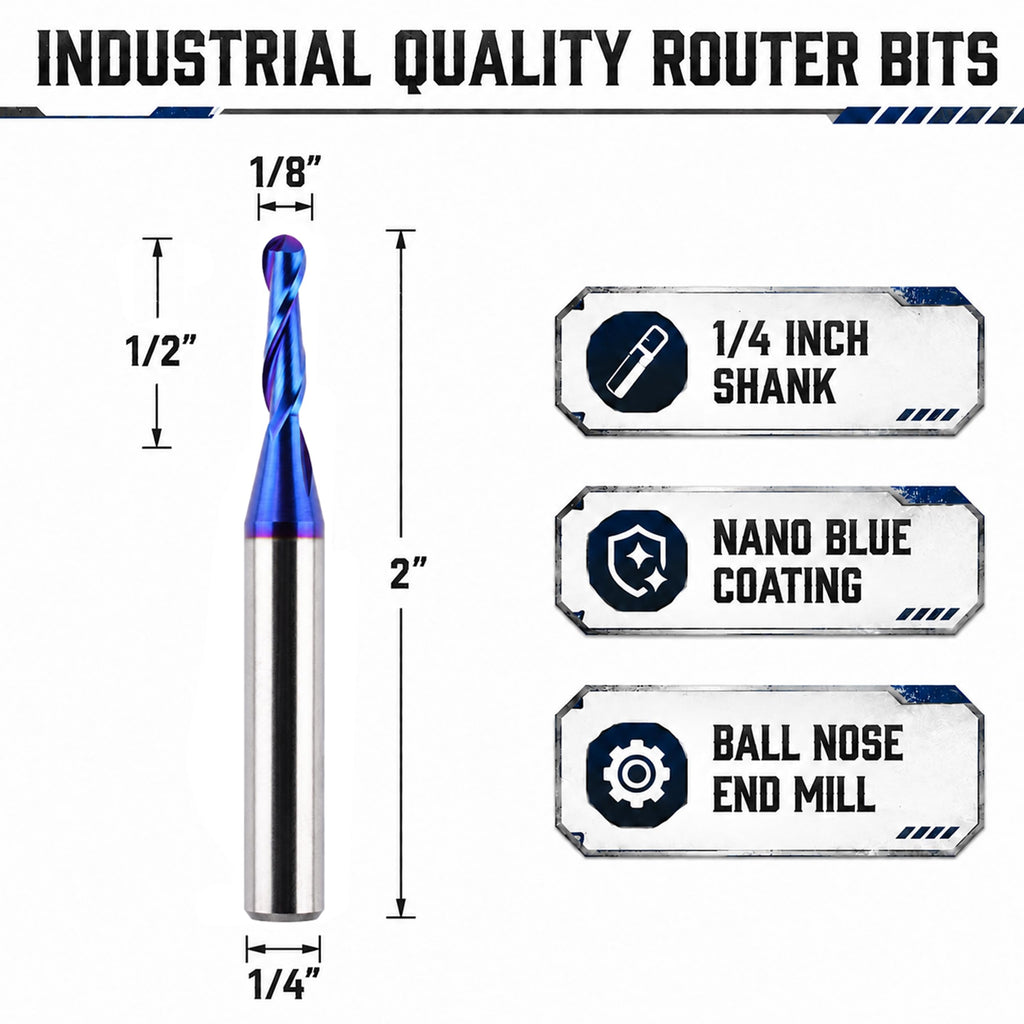CNC Router Bits 1/4" Shank 1/8" Cutting Dia Ball Nose Spiral End Mill