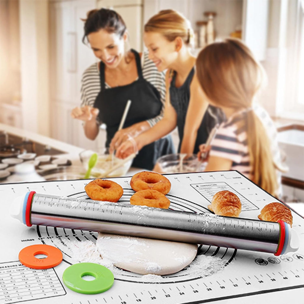 Rolling Pins, Stainless Steel Dough Roller, Rolling Pin and Silicone Baking Pastry Mat Set, Adjustable Rolling Pin