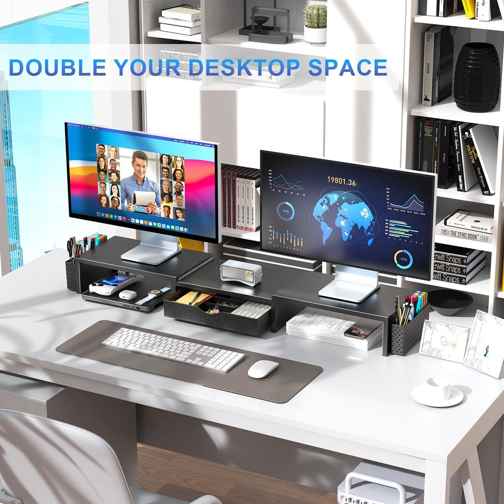 Dual Monitor Stand Riser, Desk Organizer With Drawer and 2 Pen Holders, Computer Monitor Stand, Desk Shelf for Top of