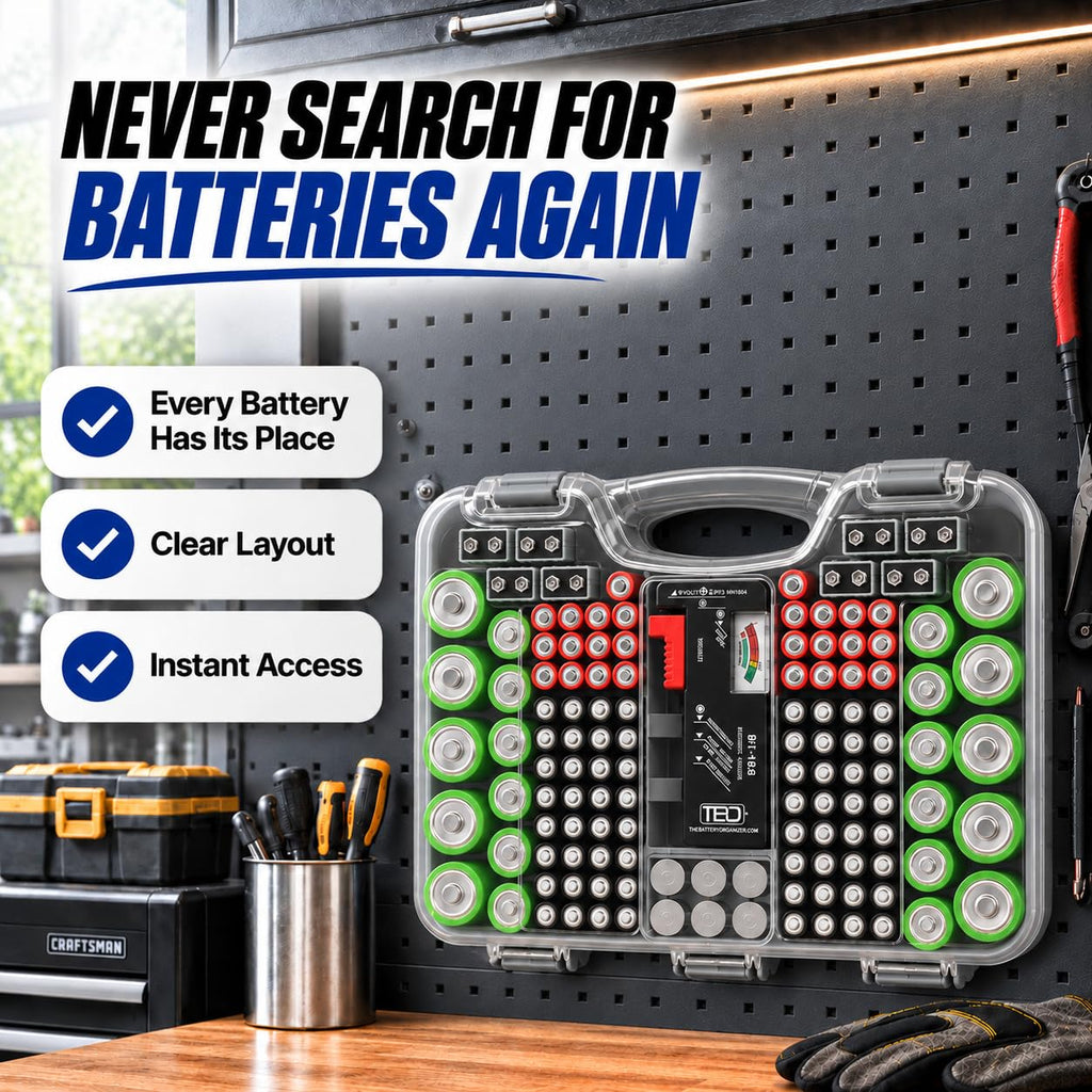 180 Battery Organizer Case with Tester, Double-Sided, Locking Lid