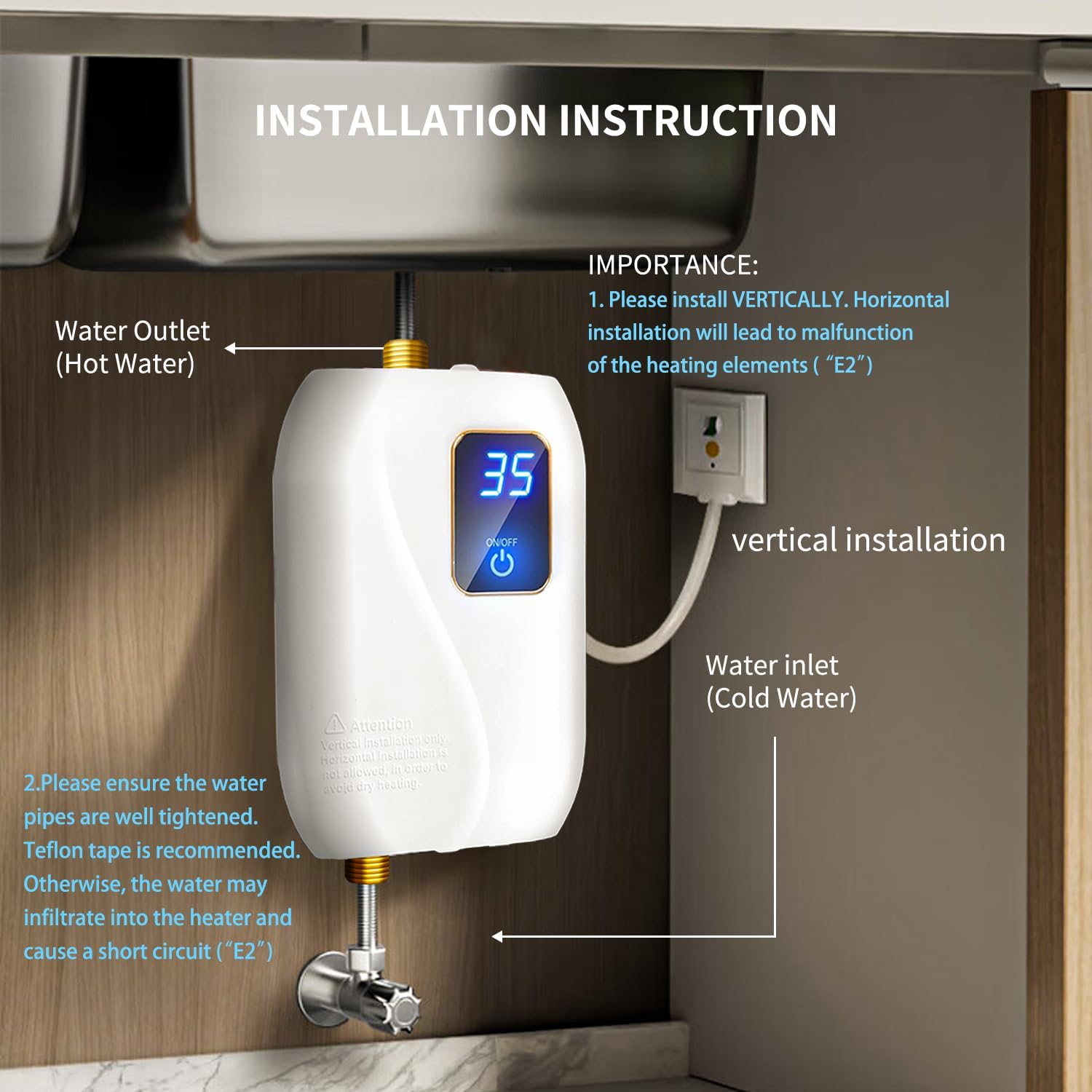 Tankless Water Heater Electric 110V, 3000W Instant Water Heater Under Sink, On Demand Hot Water Heater Electric with
