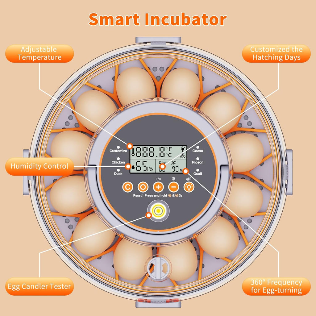 12 Egg Incubators for Hatching Eggs, Automatic Egg Turning & Humidity Control Intelligent Temp Eggs Candler for