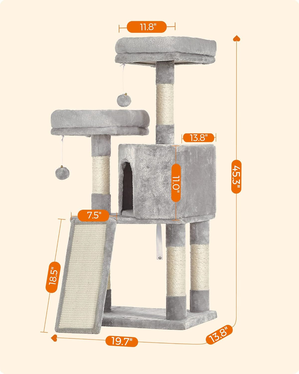 Cat Tree, 45.3-Inch Cat Tower, Plush Condo with Scratching Post, Ramp, Perch, Spacious Cave