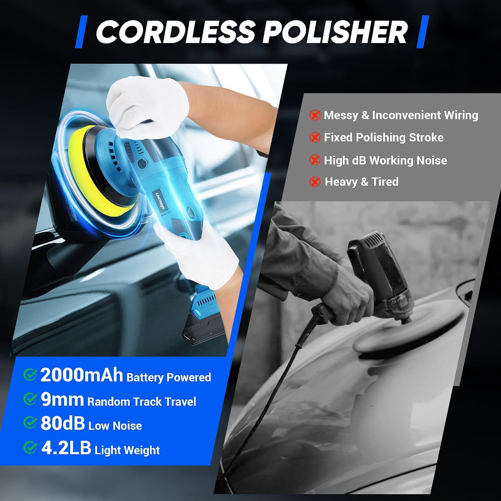 23PCS Cordless Buffer Polisher Kit with 2×2.0Ah Battery & Charger, 10000RPM 1600W High Power Car Polisher with 6
