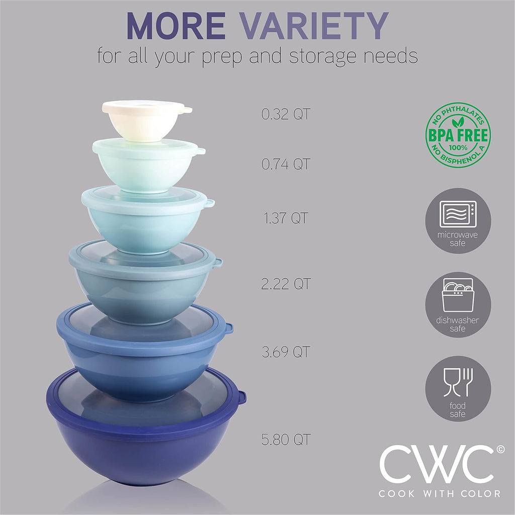 Mixing Bowls with TPR Lids - 12 Piece Plastic Nesting Bowls Set includes 6 Prep Bowls and 6 Lids, Microwave Safe (Blue)