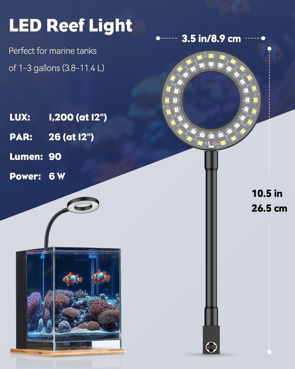 Aquarium Light for 1-3 Gallon Saltwater Fish Tanks, Clip On LED Reef Light for Corals, Dimmable USB Aquarium Lamp