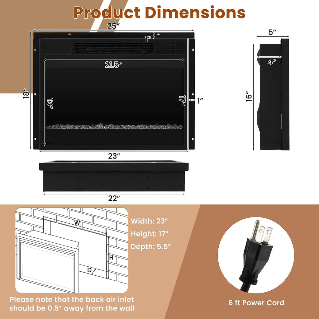 23" Electric Fireplace Inserts, 1500W Recessed Fireplace Heater with Remote Control, 6 Flame Colors & 5 Brightness