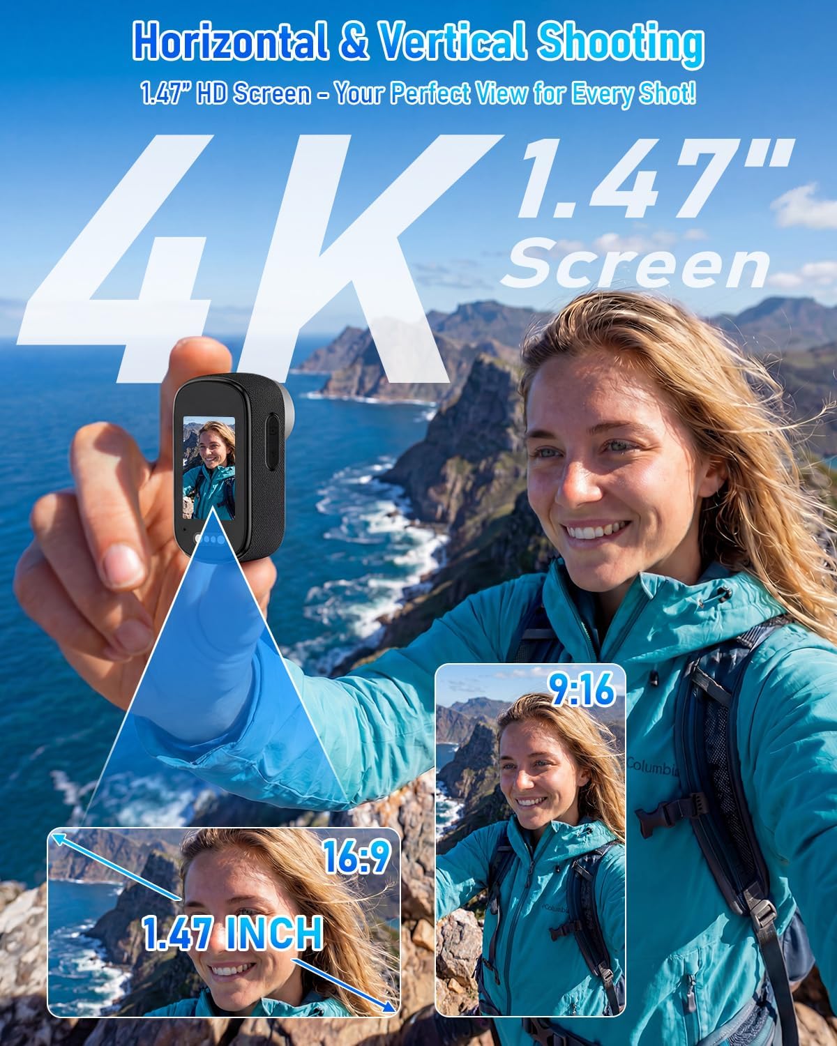 4K Mini Action Camera with 1.47" Screen, Wearable Body Camera, Small Camera with Magnetic Clip, Thumb Size Cam with