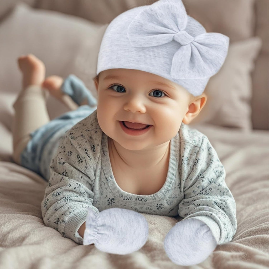 Newborn Baby Hats Mittens Sets Bow Infant Caps Gloves No Scratch Mitten Beanie Set for 0-6 Months Girls