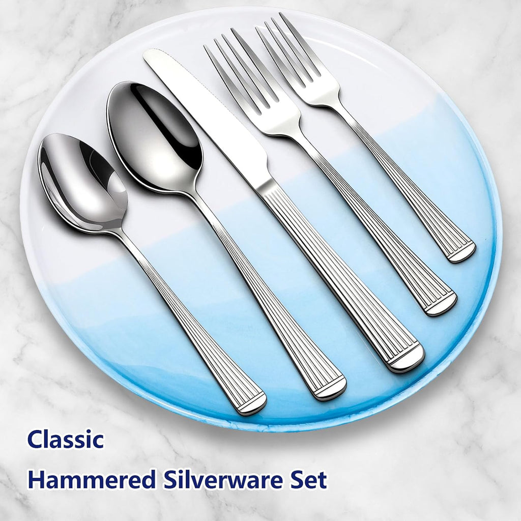 60Piece Hammered Silverware Set,Stainless Steel Flatware Set for 12