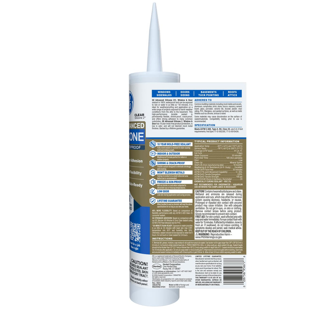 Advanced Silicone Caulk for Window & Door, Clear, 10 fl oz Cartridge, 1 Pack - 100% Waterproof Silicone Sealant, 5X