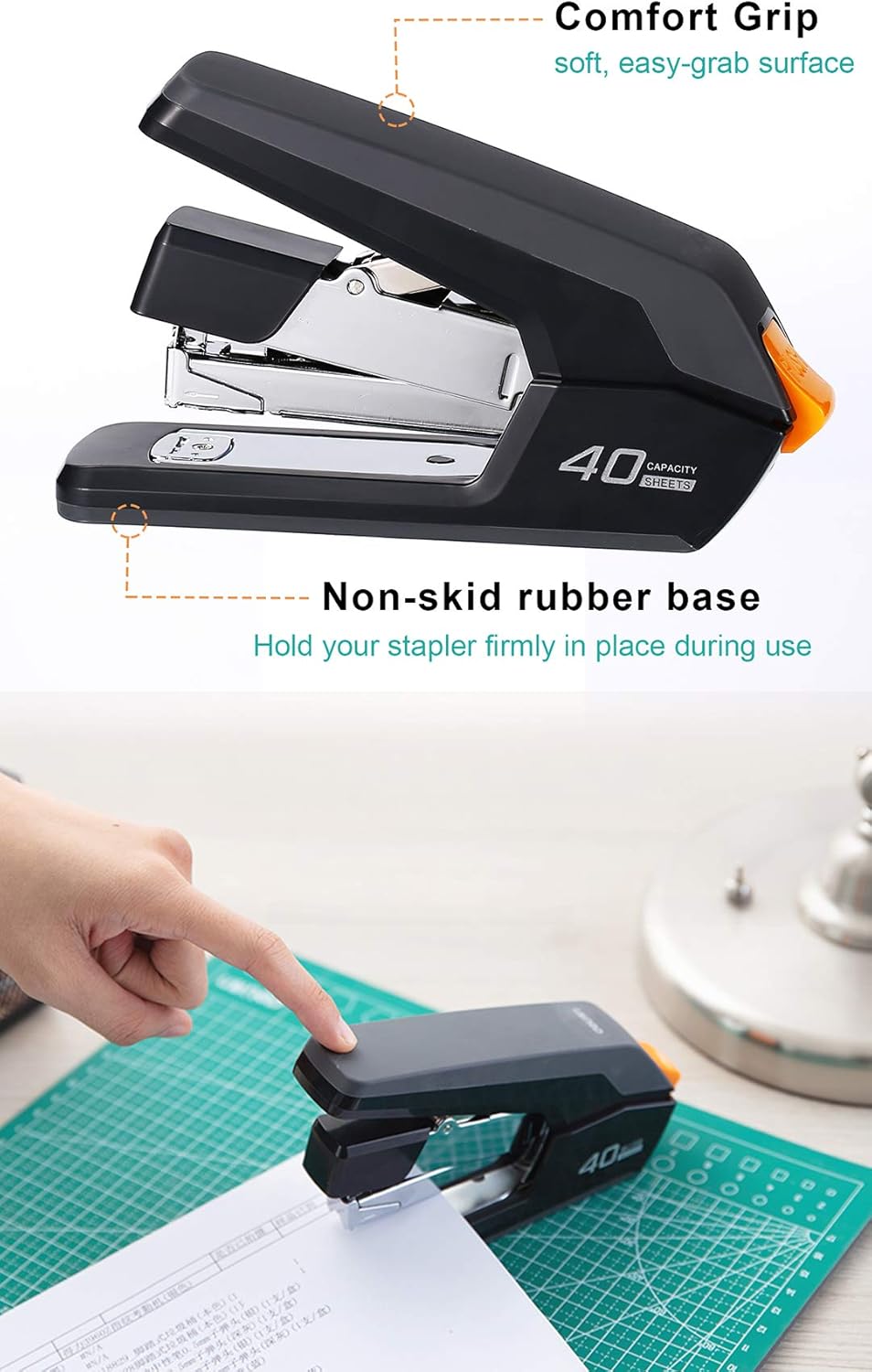 Effortless Desktop Stapler, 40 Sheet Capacity, One Finger Stapling