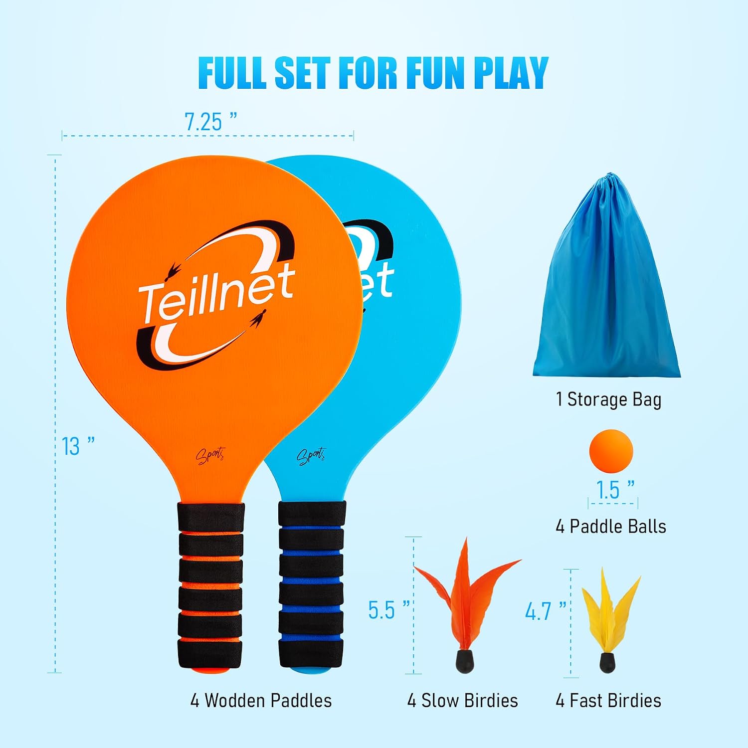 Beach Paddle Ball Set, Badminton Set, Family Games for Kids Adults | Beach Backyard Games with 4 Rackets, Beach Toys