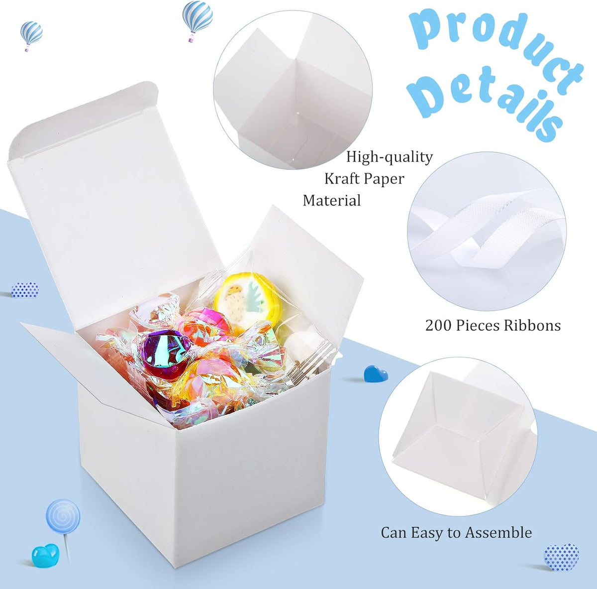 200 Pcs 2 x 2 x 2 Inch White Candy Gift Box, with Ribbon
