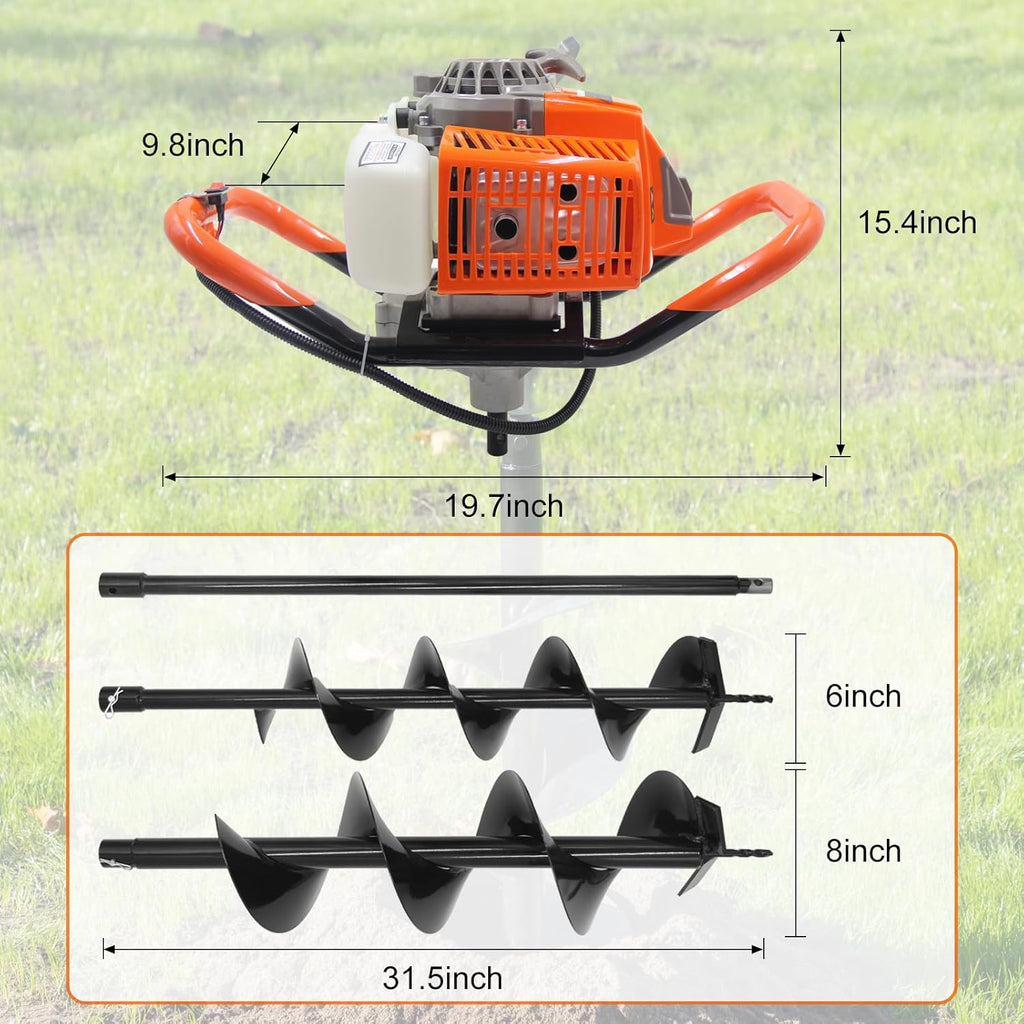72CC Gas Powered Post Hole Digger with 6 Drill Bits (6", 8") & 1 Ext | 2-Stroke Earth Auger, LightWeight Powerful