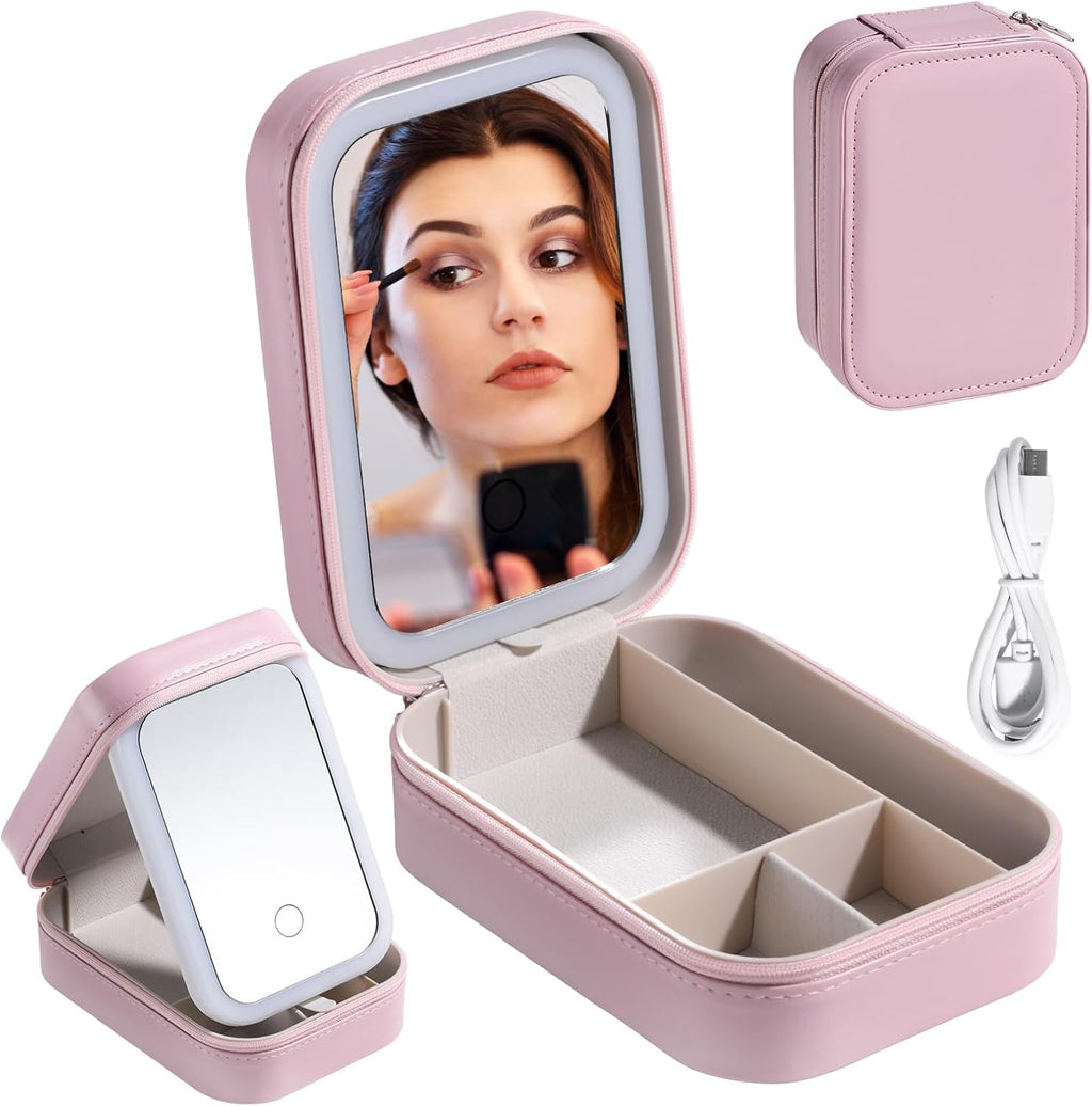 Travel Cosmetic Mirror Case LED Makeup Mirror Storage Case for Eyelash Station Brushes Cosmetic Tools Pink On-the-go