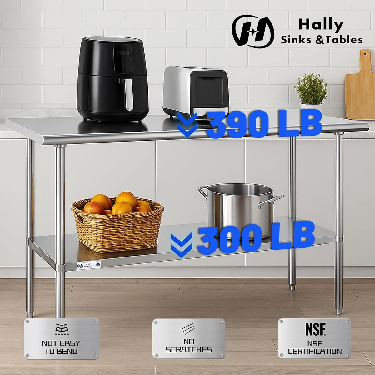 Hally Stainless Steel Table for Prep & Work 18 x 48 Inches NSF Commercial