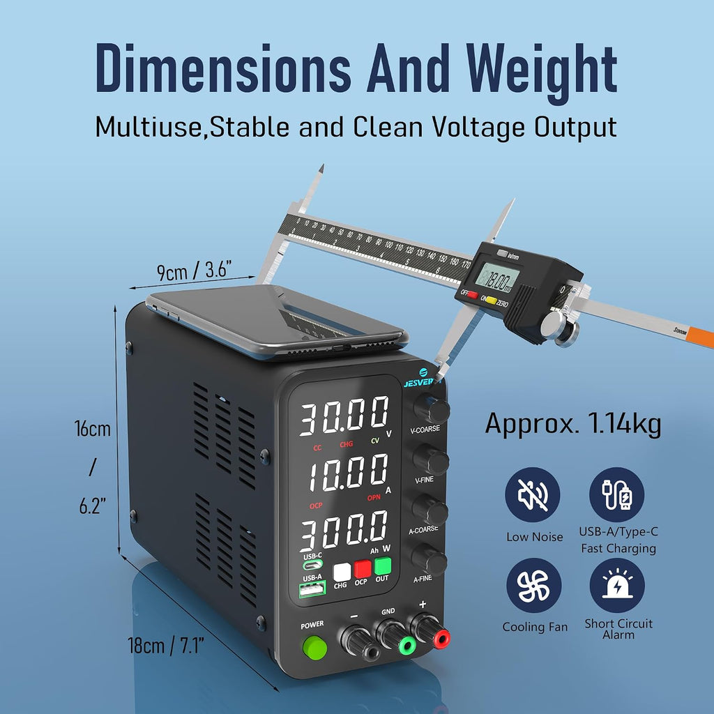 DC Power Supply Variable, 0-32V 0-10A Switching Bench Power Supply with Intelligent Charging Mode, 20W USB & Type-C Quick-Charge, Encoder Knob, Output Switch, 4-Digit LED Display - SPS-3010C