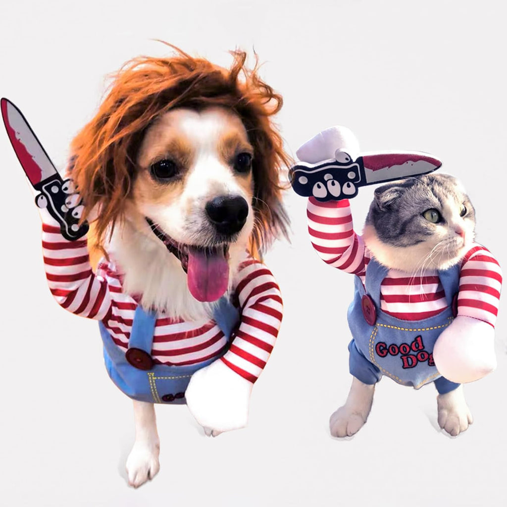 Dog Halloween Costume,Funny Chucky Dog Costume with Pet Wig,Cosplay Scary Outfit with Knife Clothes for Dogs (X-Large)