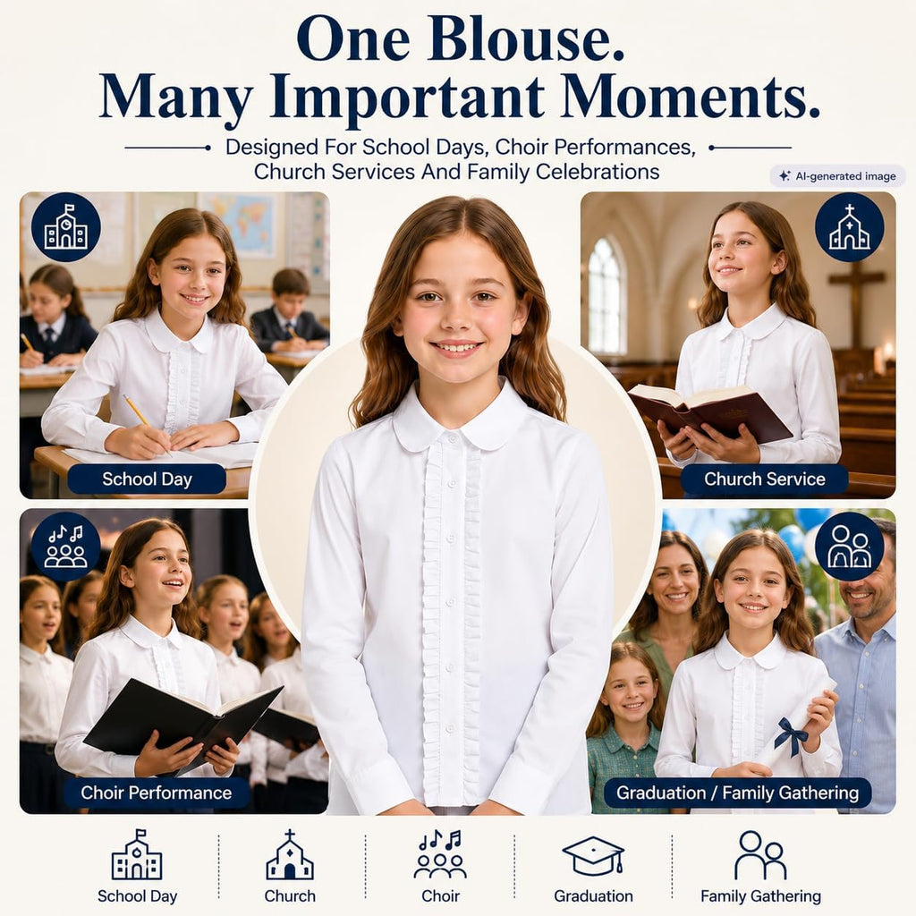 Girl White Ruffle Blouse: Wrinkle-Free School Uniform | Long Sleeve Cotton Collared Dress Shirt, No See-Through