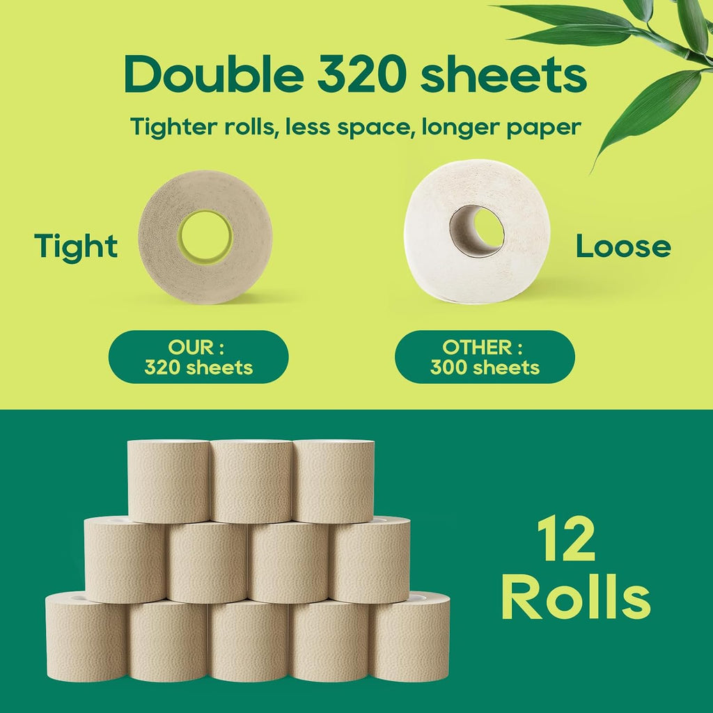 Bamboo Toilet Paper 3 Ply, 12 Rolls, 320 Sheets Per Roll, Brown