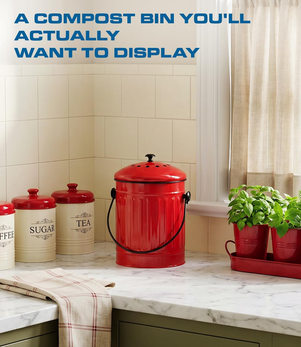 Countertop Compost Bin Kitchen with Lid, Red 1.5 Gallon Odorless Compost Container, Steel Food Compost Bucket for