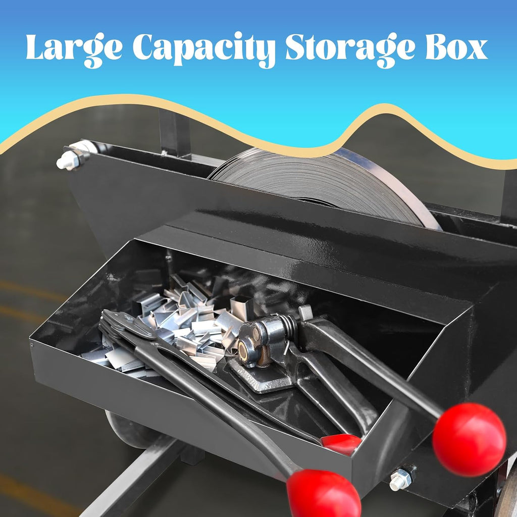 Heavy Duty Strapping Cart & Dispenser for Steel Strapping Coils with Over 9.5" Core Size Integrated Tool & Seal Tray