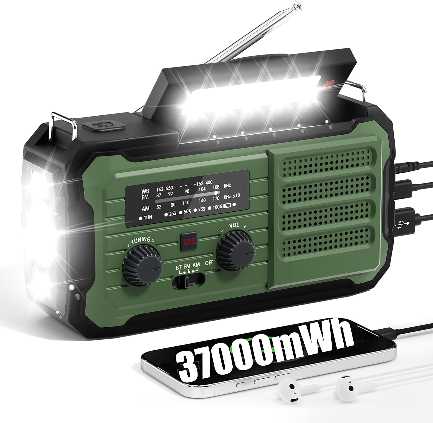 Emergency Radio Hand Crank Solar, 10000mAh/37000mWh Emergency Weather Radio | Hand Crank Solar Radios with