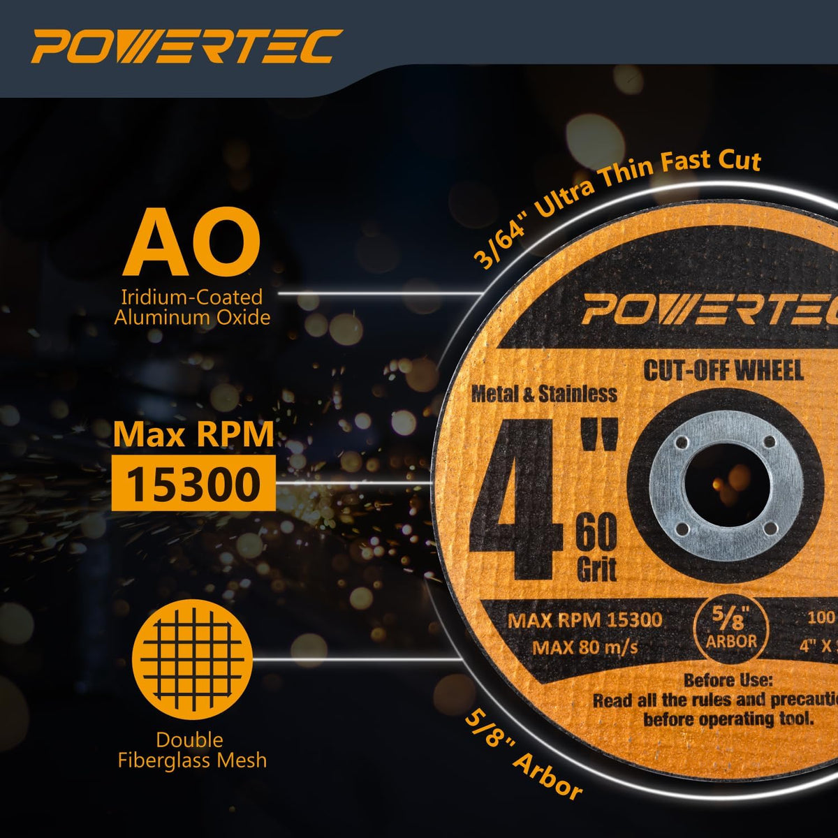POWERTEC 4" Cut-Off Wheels, 25 PK, 5/8" Arbor (14018)