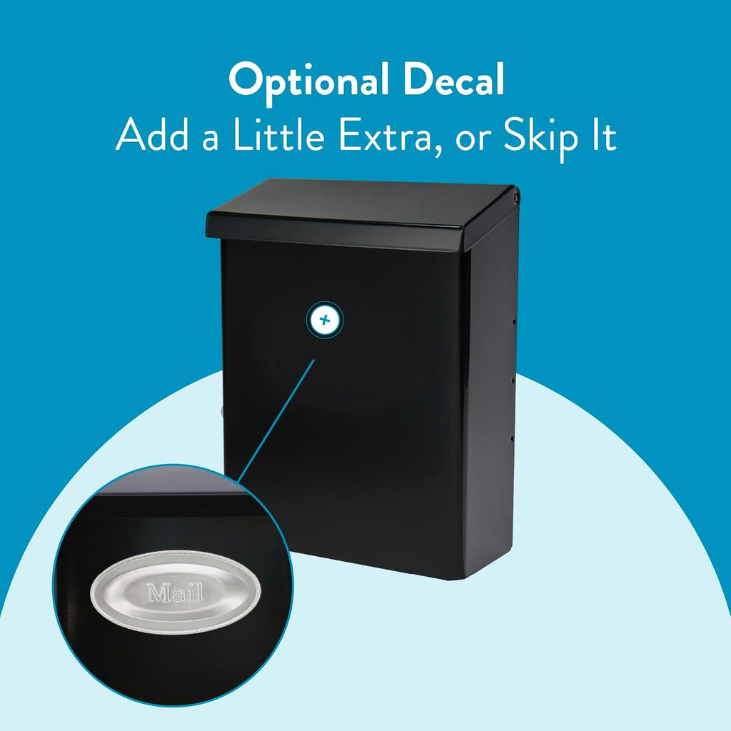 Designer Galvanized Steel, Locking Wall Mount Mailbox, Black with Satin Nickel