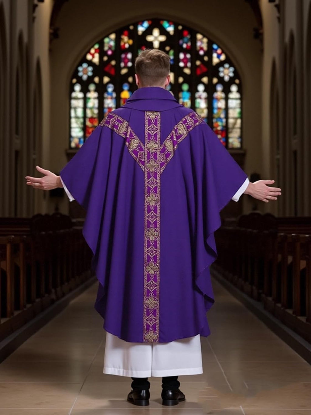 Clergy Elegance Church Vestments for Catholic Priests Chasuble Mass Apparel and Round Collar Robe With Pastor Stole
