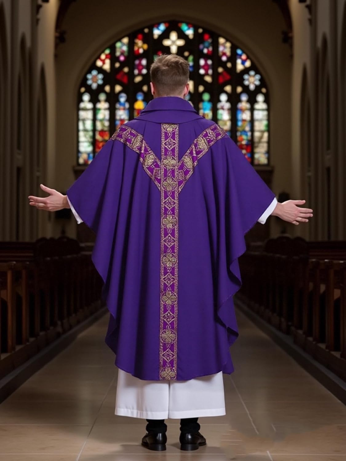 Clergy Elegance Church Vestments for Catholic Priests Chasuble Mass Apparel and Round Collar Robe With Pastor Stole