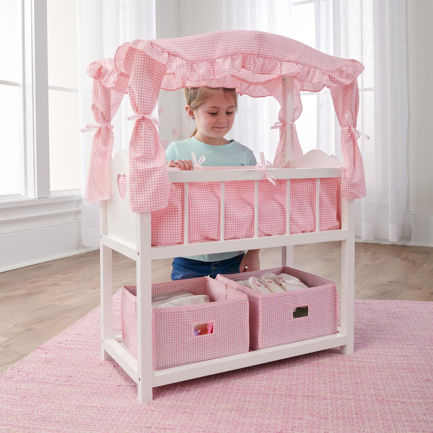 Doll Crib with Bedding, Storage Baskets, Mobile & Personalization Kit - Ideal Nursery Set for Dolls Up to 22 Inches