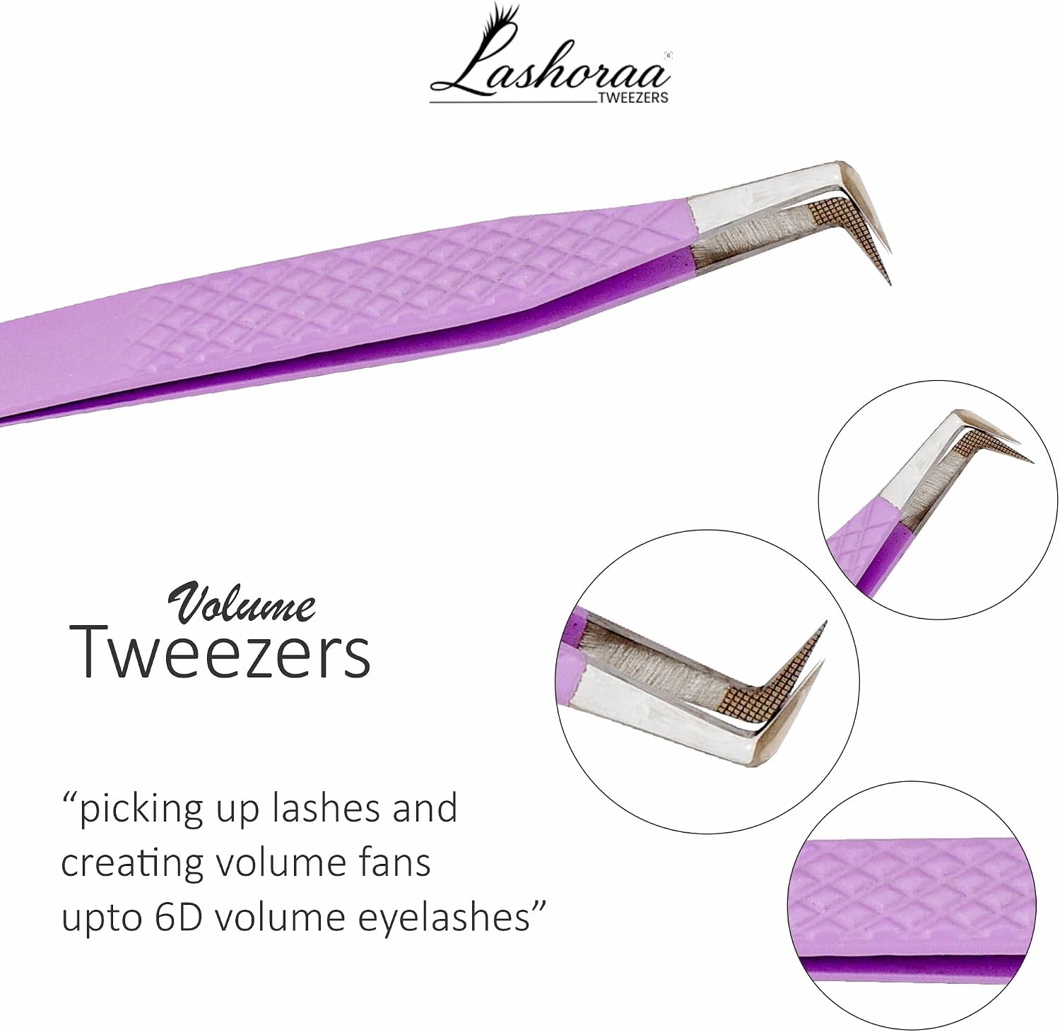 Lash Tweezers Set for Eyelash Extensions - 3 Piece Precision Fiber Tip Diamond Grip, Volume, L-Shape Boot, 90 Degree