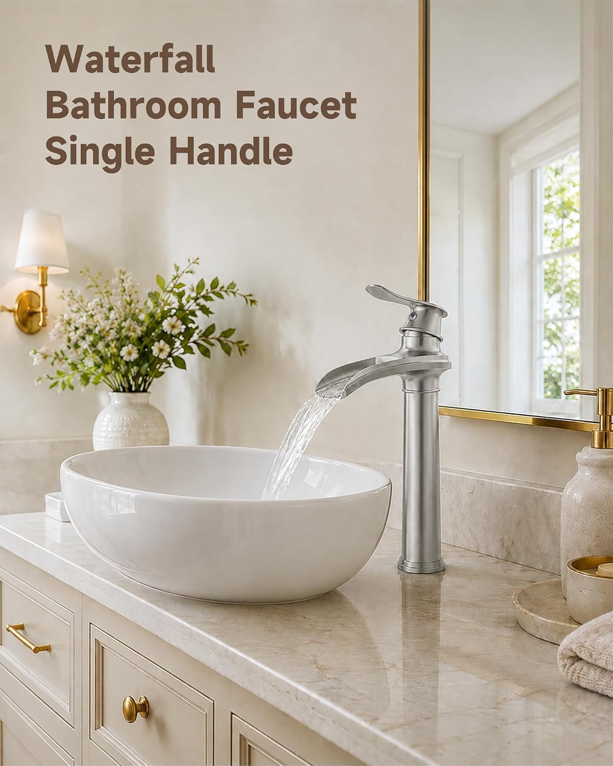 Vessel Sink Faucet Brushed Nickel Tall Waterfall Bathroom Faucet