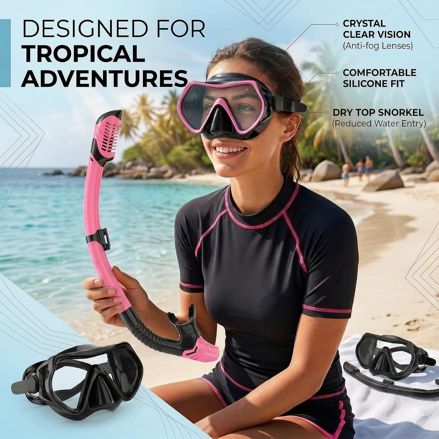 Snorkeling Gear for Adults, JRing Snorkel Mask Set with 180 Degree Tempered Glass Anti Fog Goggles Scuba Dry Top