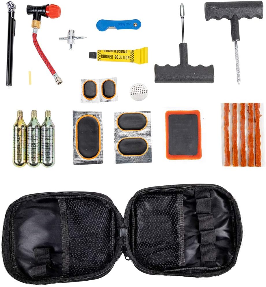 PP3167 Motorcycle Tire Repair Kit with Co2 Inflator and Cartridges for Tube and Tubeless Tires, Emergency Roadside