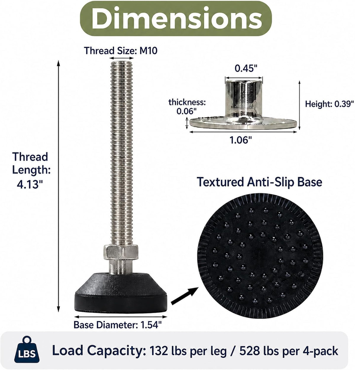 M10 Adjustable Leveling Feet, 4 Pack, 20° Swivel Base with T-Nuts