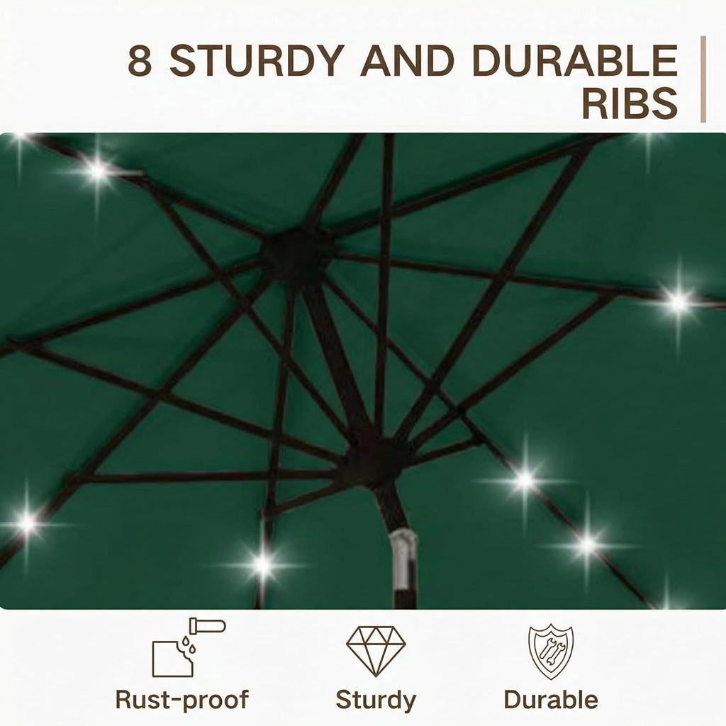 10FT Outdoor Patio Umbrella with Solar Lights, Market Table Umbrella with Push Button Tilt & Crank, 8 Sturdy Ribs, 32