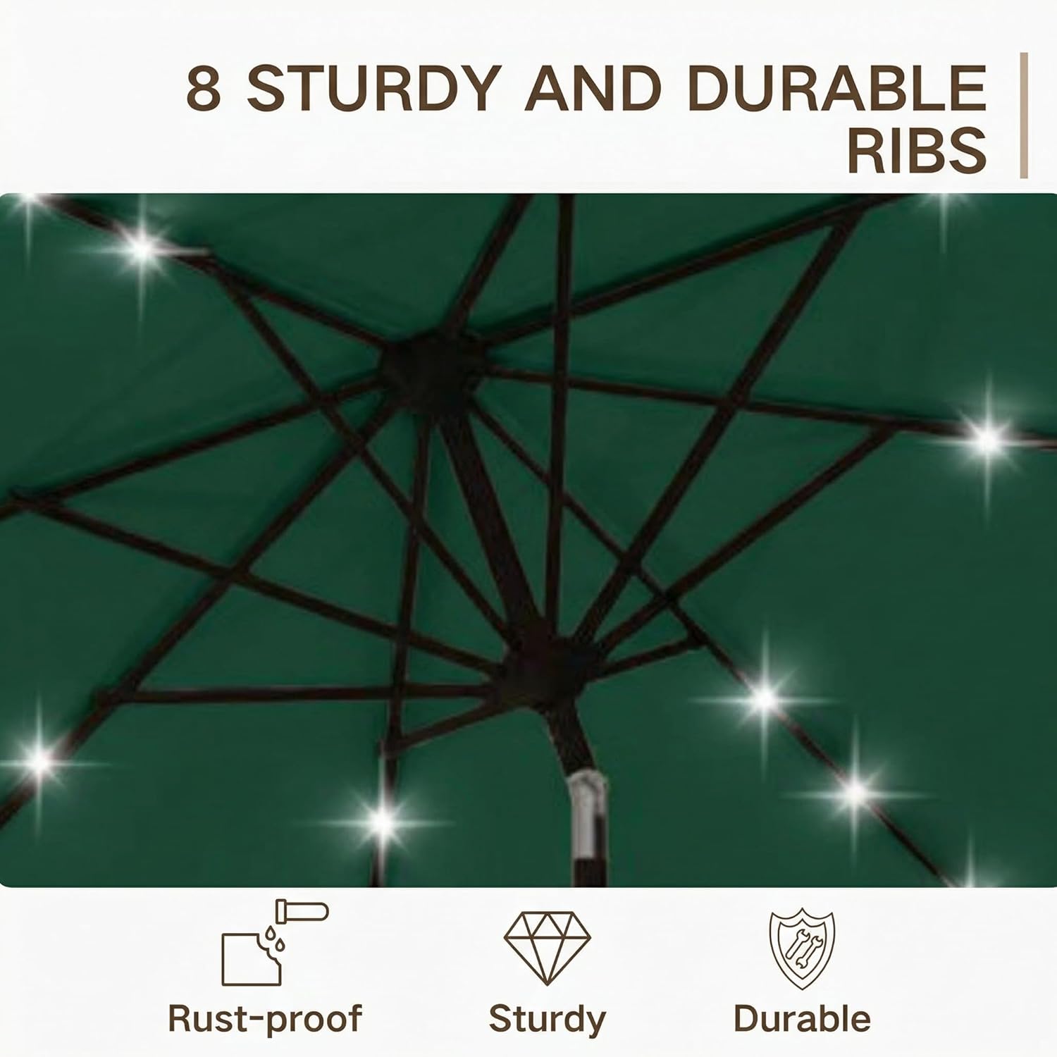 10FT Outdoor Patio Umbrella with Solar Lights, Market Table Umbrella with Push Button Tilt & Crank, 8 Sturdy Ribs, 32