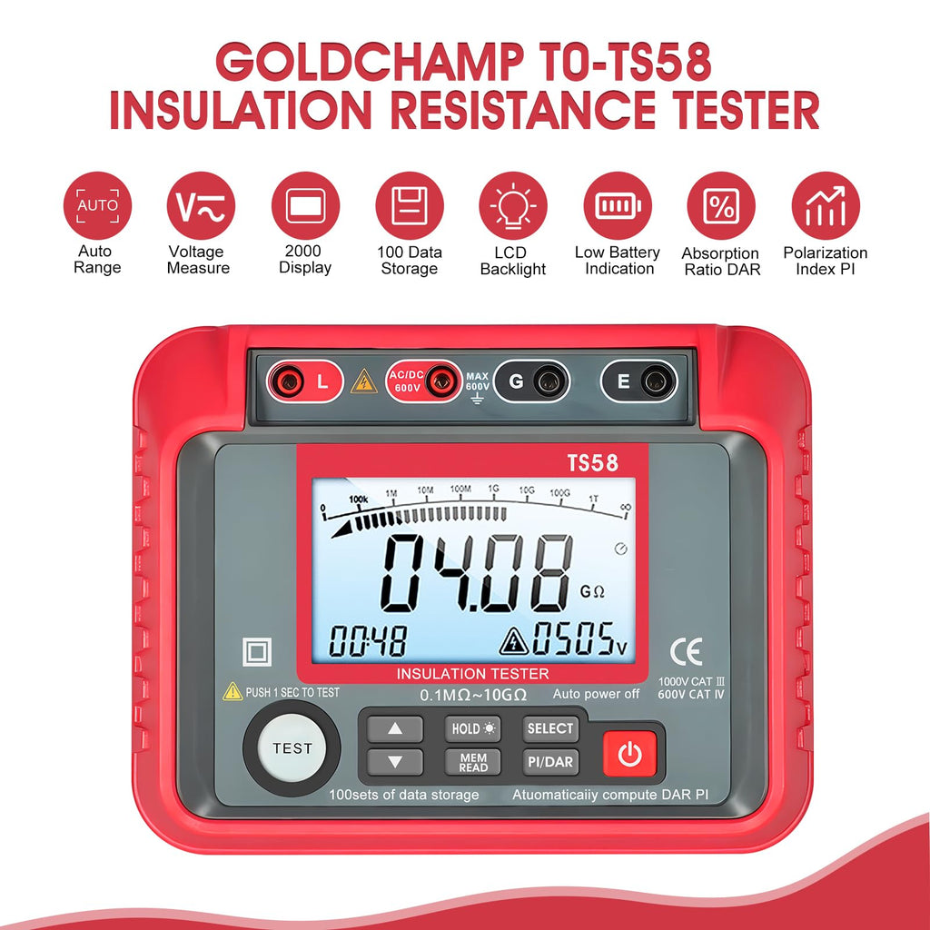 Megohmmeter, 1000V/2500V/5000V Digital Insulation Resistance Tester